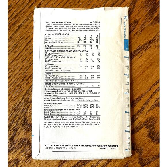 Vintage 1970s Butterick 6937 Sewing Pattern Size 3 Toddler Girls Dress COMPLETE - Picture 2 of 2